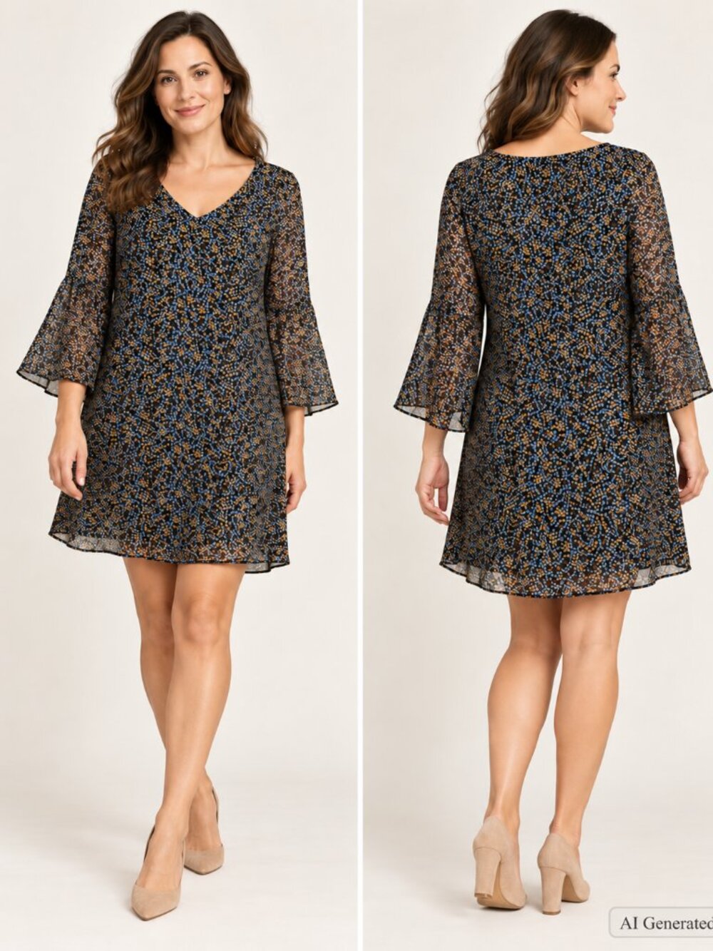 Women's Cabi Poise Dress Style 3648 Floral Bell Sleeve Shift Dress M